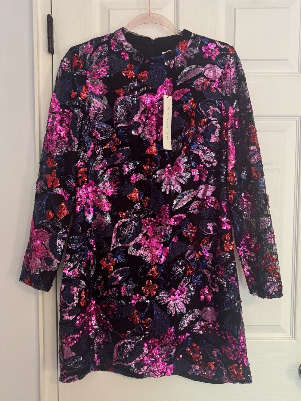 Monique Lhuillier Black Sequin Floral Mini Dress with Pink and Red Accents